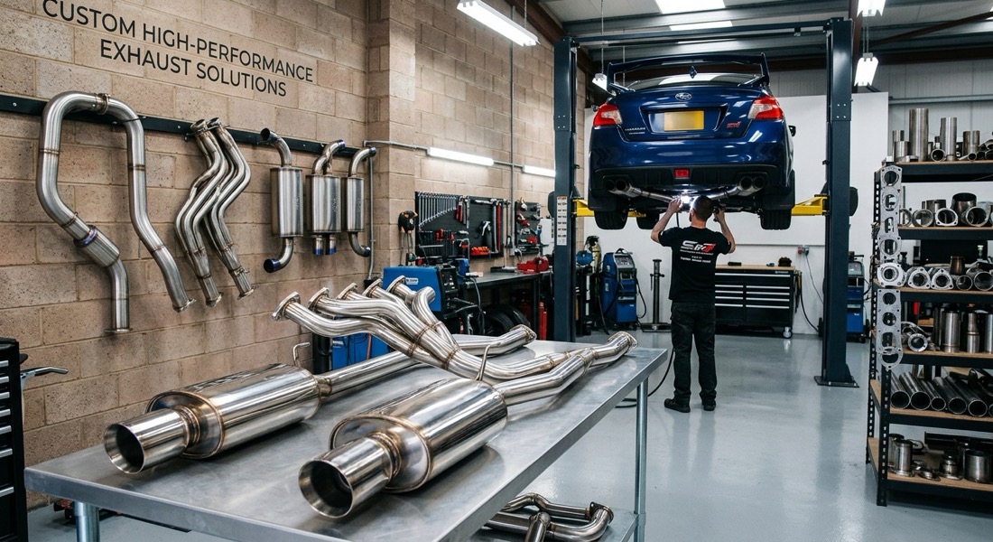 Custom high-performance exhaust systems and pipework in the workshop