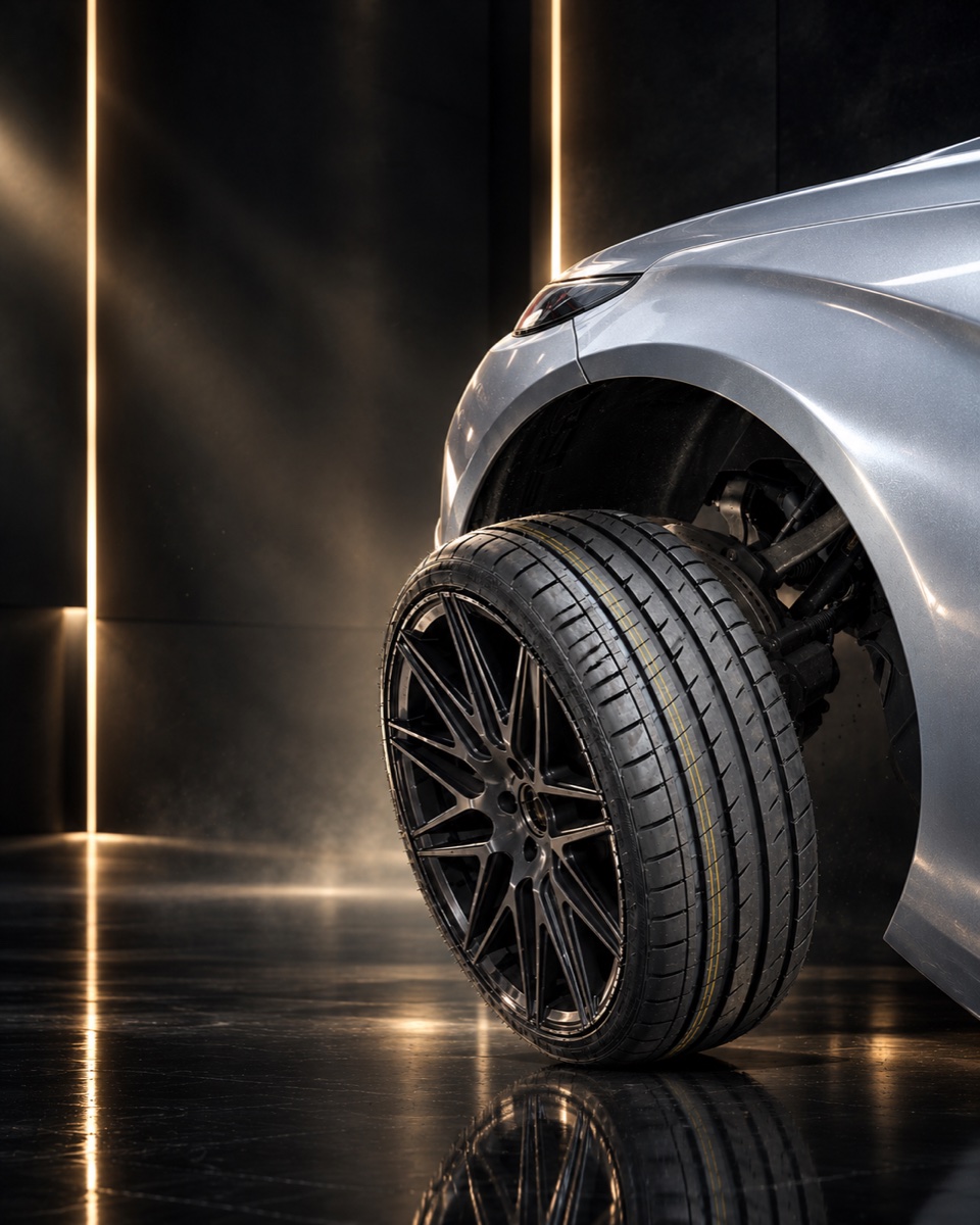 Close-up of a new low-profile performance tyre fitted to an alloy wheel